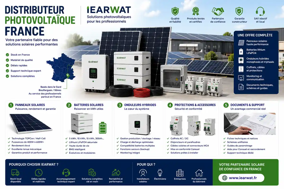 Distributeur photovoltaique : panneaux, batteries et onduleurs hybrides