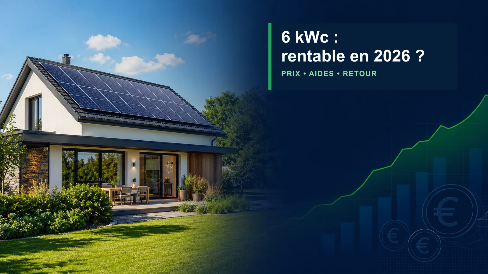 Maison équipée de panneaux solaires et graphique financier pour analyser la rentabilité d’un projet 6 kWc