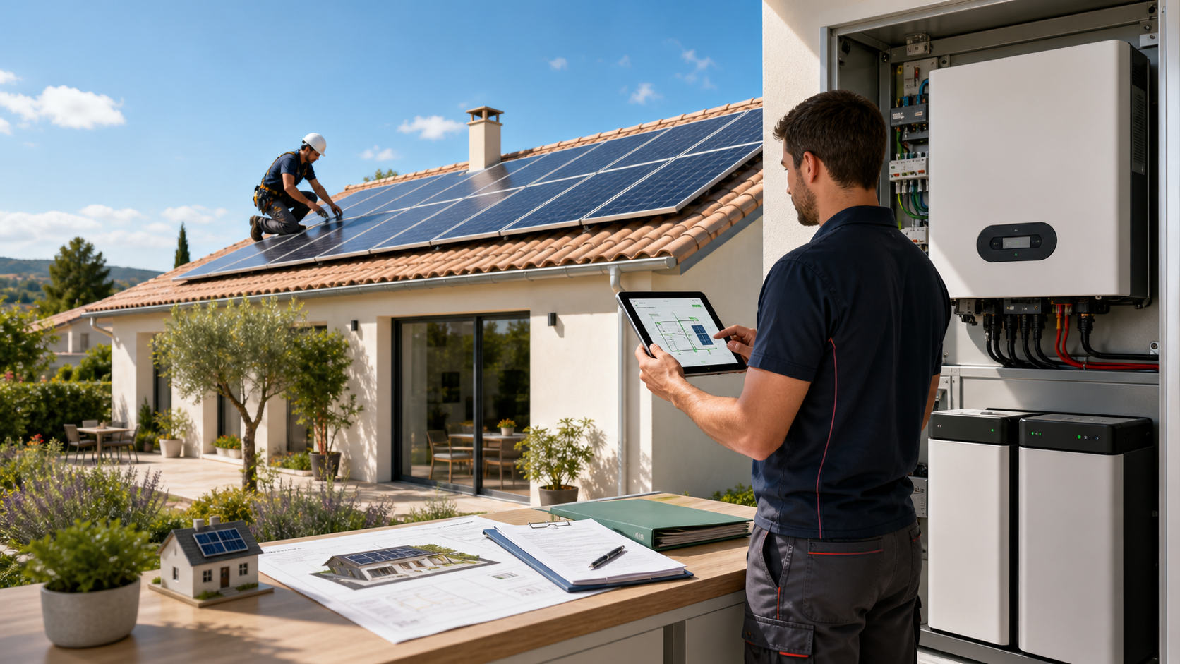 Installation solaire IEARWAT avec panneaux photovoltaïques, onduleur, batterie et suivi local
