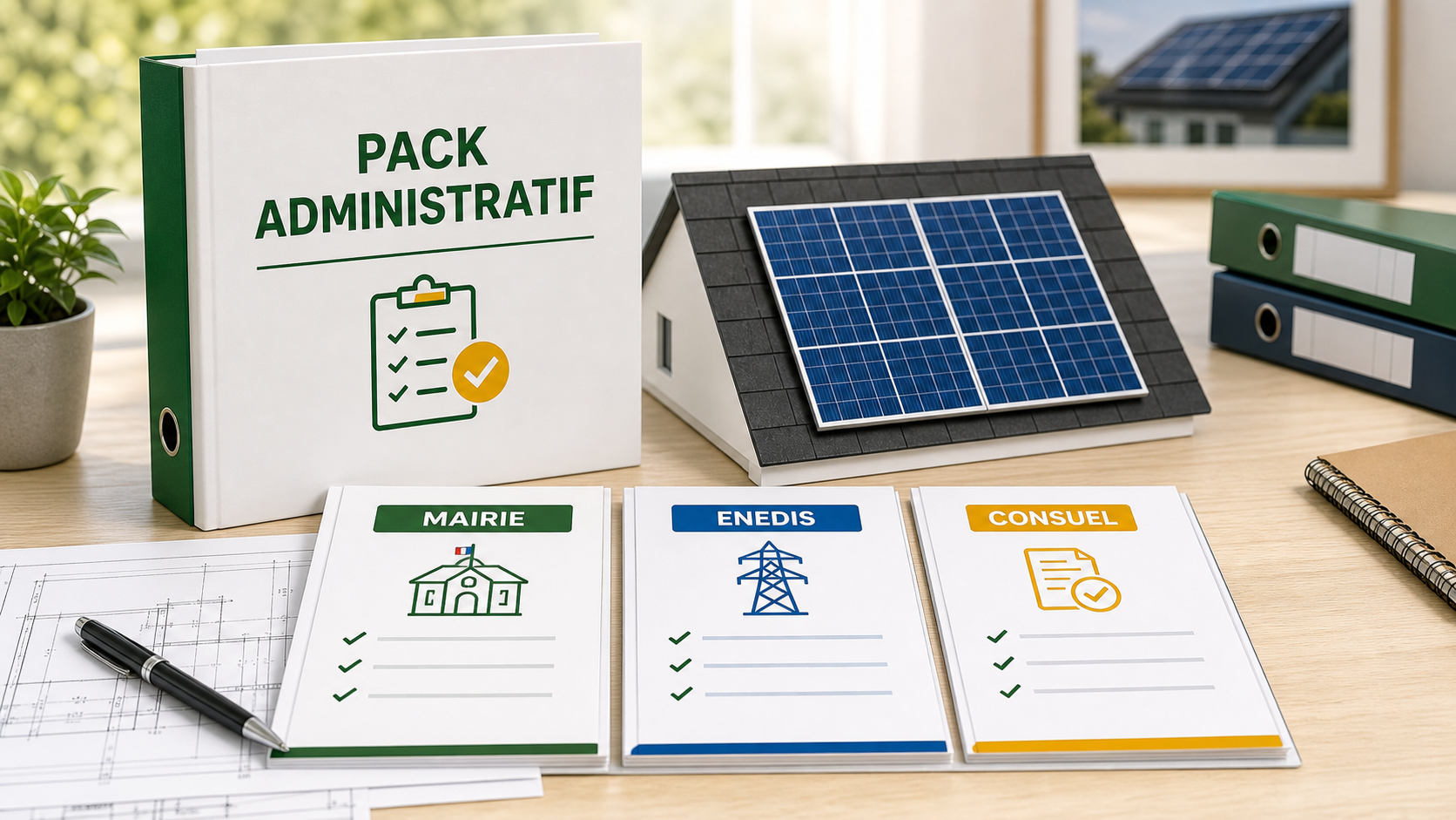 Dossier administratif photovoltaïque avec documents mairie, ENEDIS et Consuel