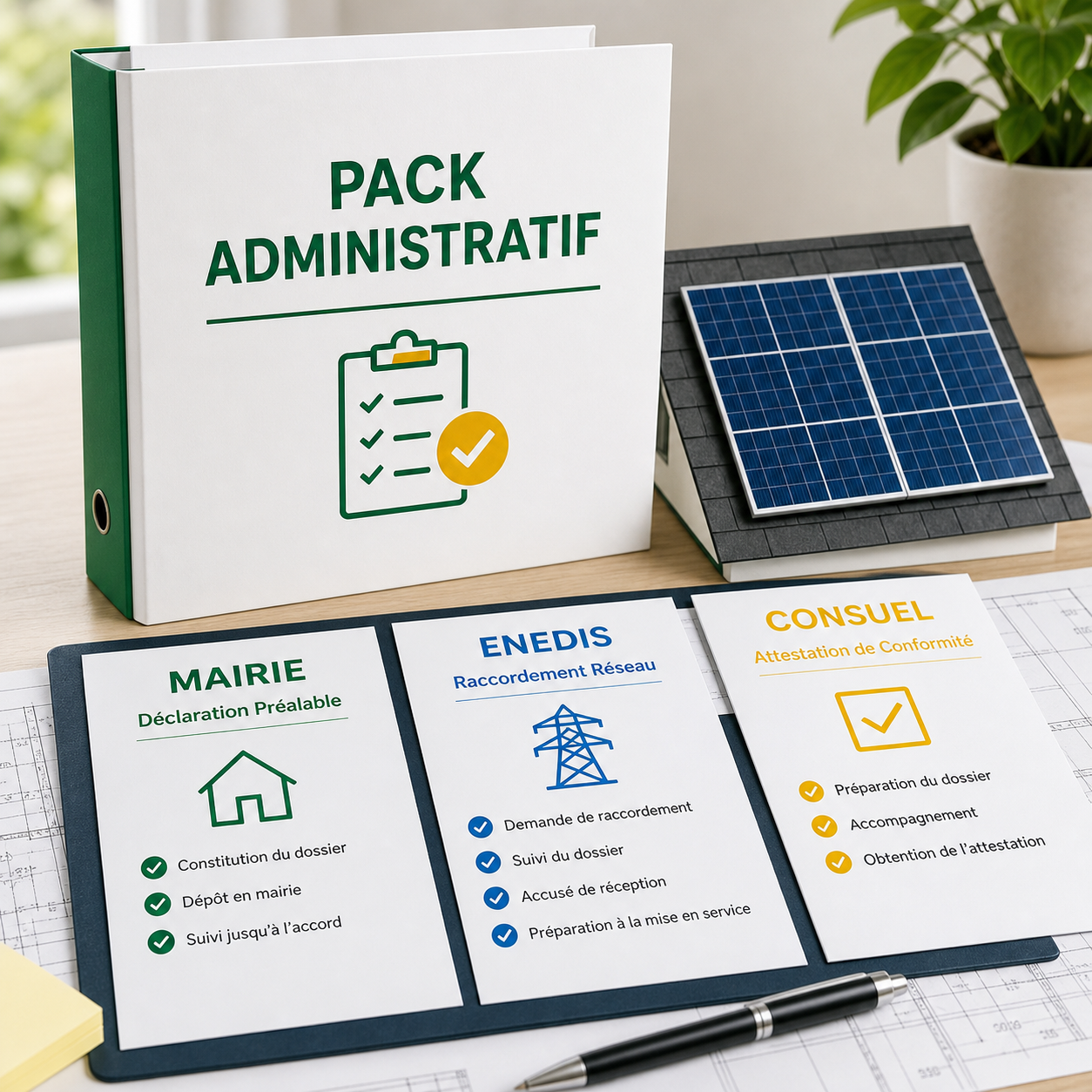 Pack administratif solaire IEARWAT avec démarches Mairie, ENEDIS et Consuel